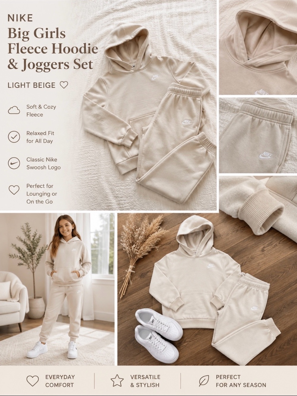 Nike Big Girls Light Beige Fleece Hoodie & Joggers Set
